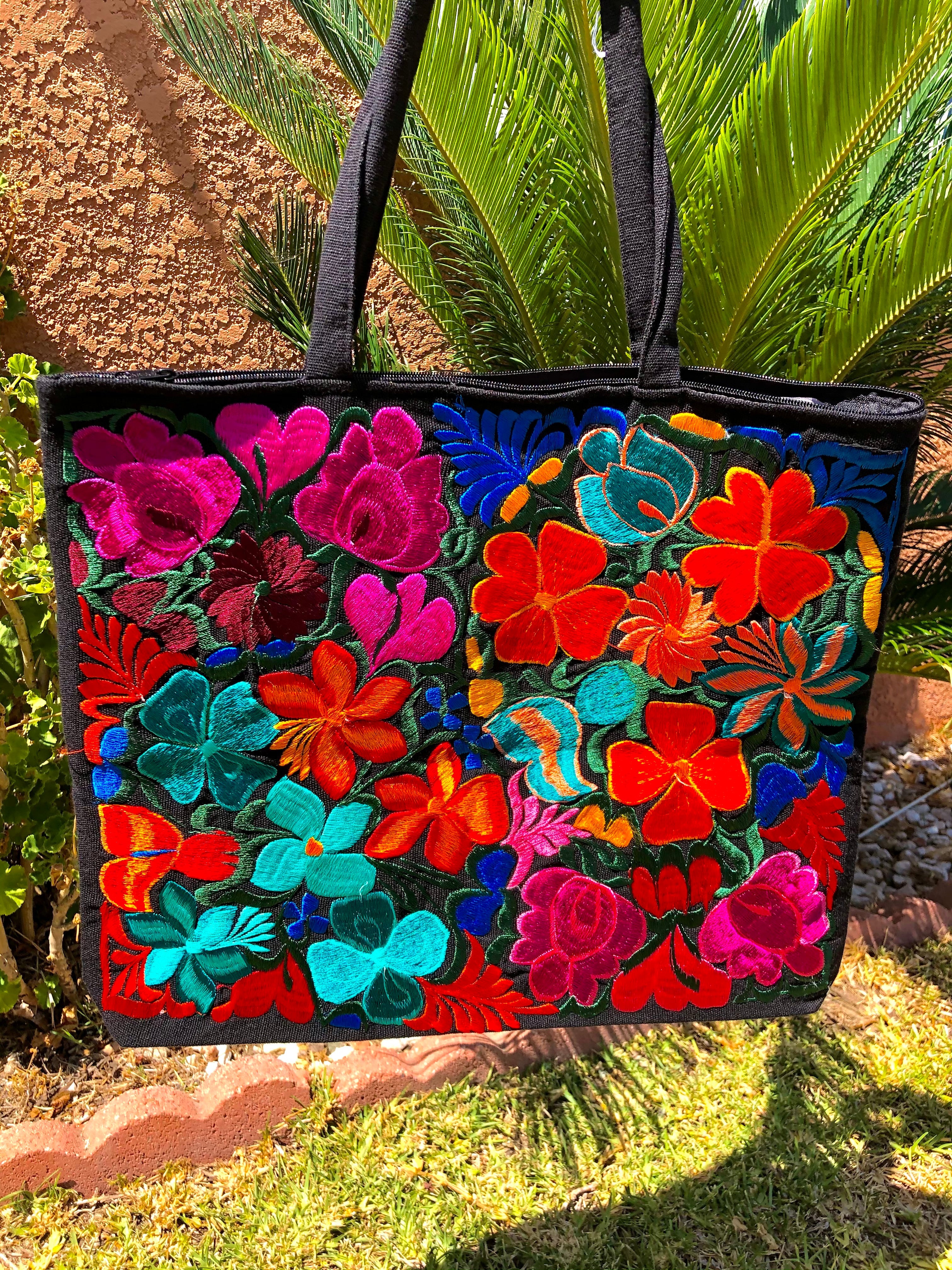 Flower embroidered tote online bag